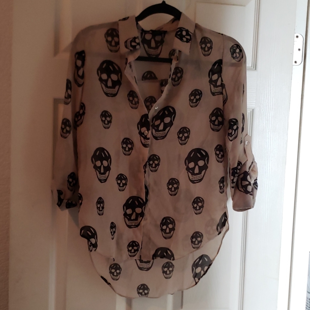 Cream color sheer button down skull print